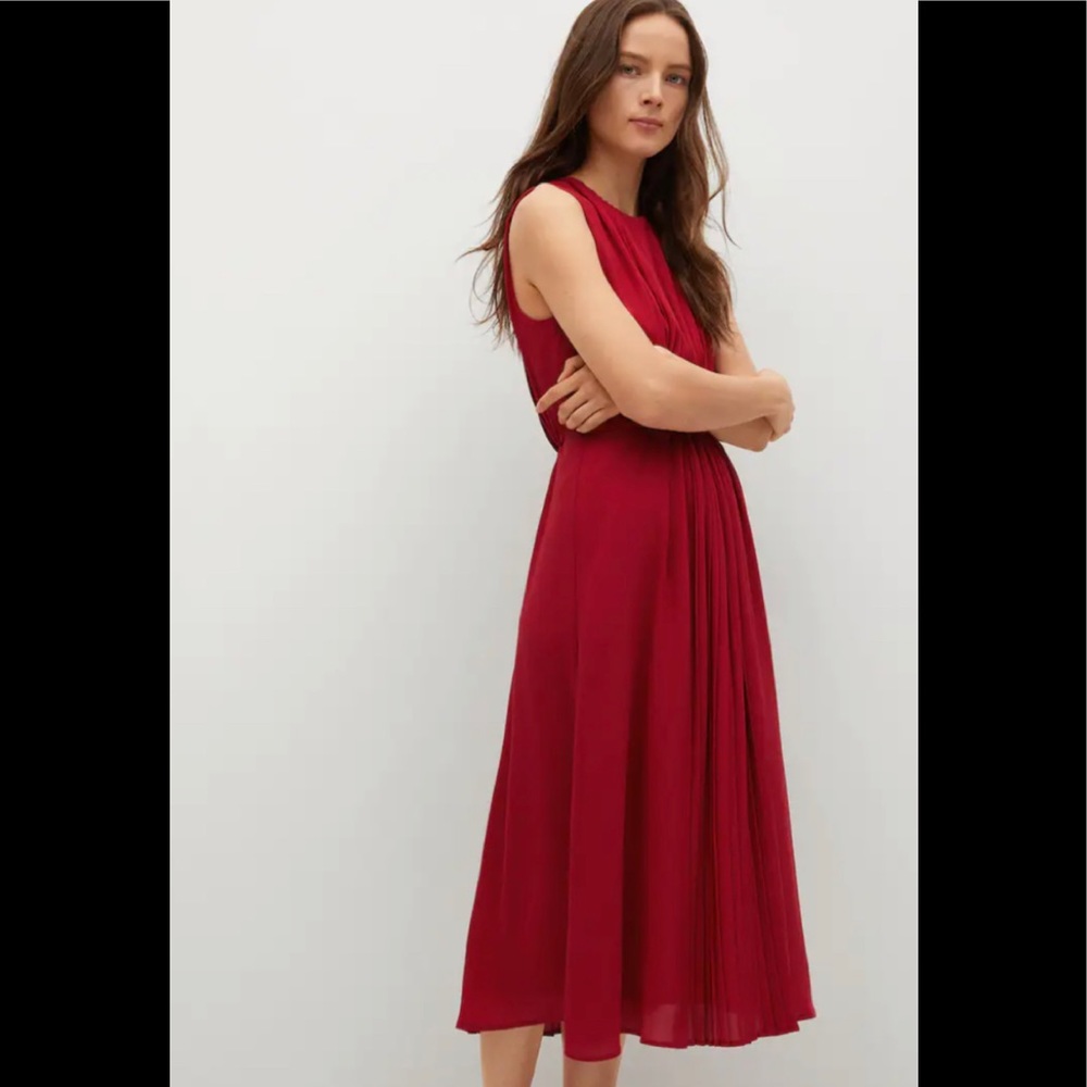 Mango Sleeveless Red Pleated Midi Dress